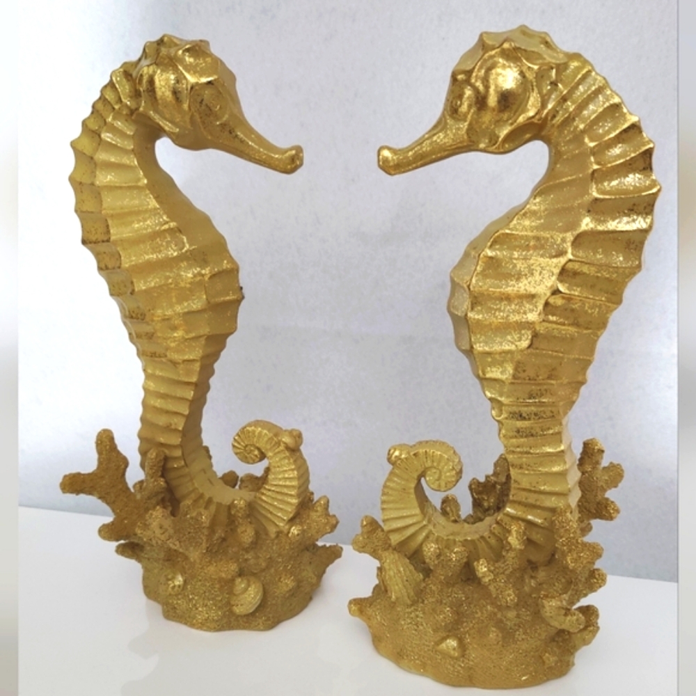 * SEAHORSE FIGURINES * Set of 2 * Figurines Statue * GOLD COLOR * Nautical*.